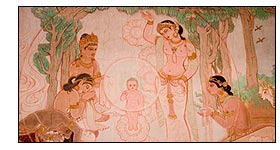 Buddha birth in Lumbini mural painting in Mahabodhi buddhist temple